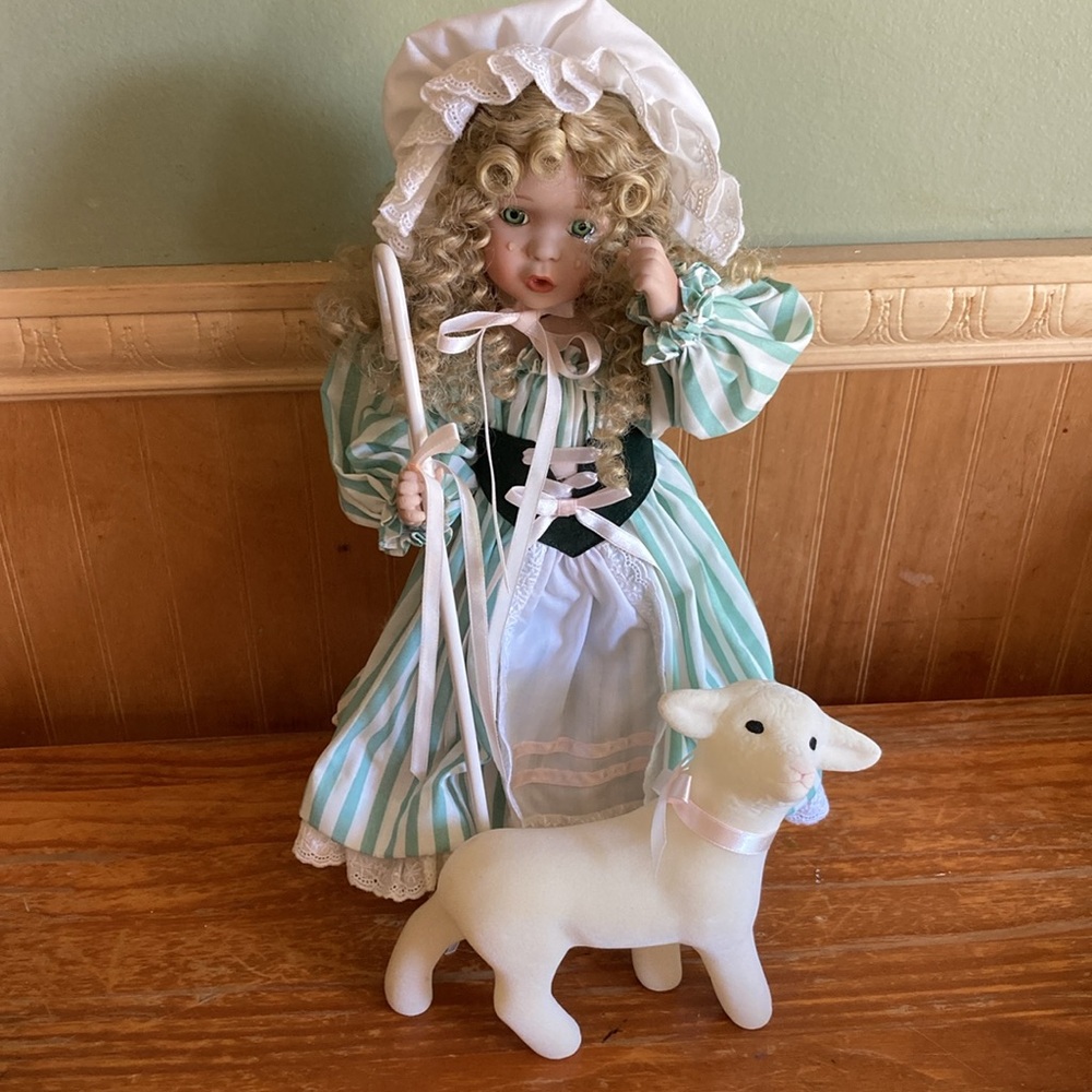 Little Bo Peep Doll with Green and White Striped Dress & sheep